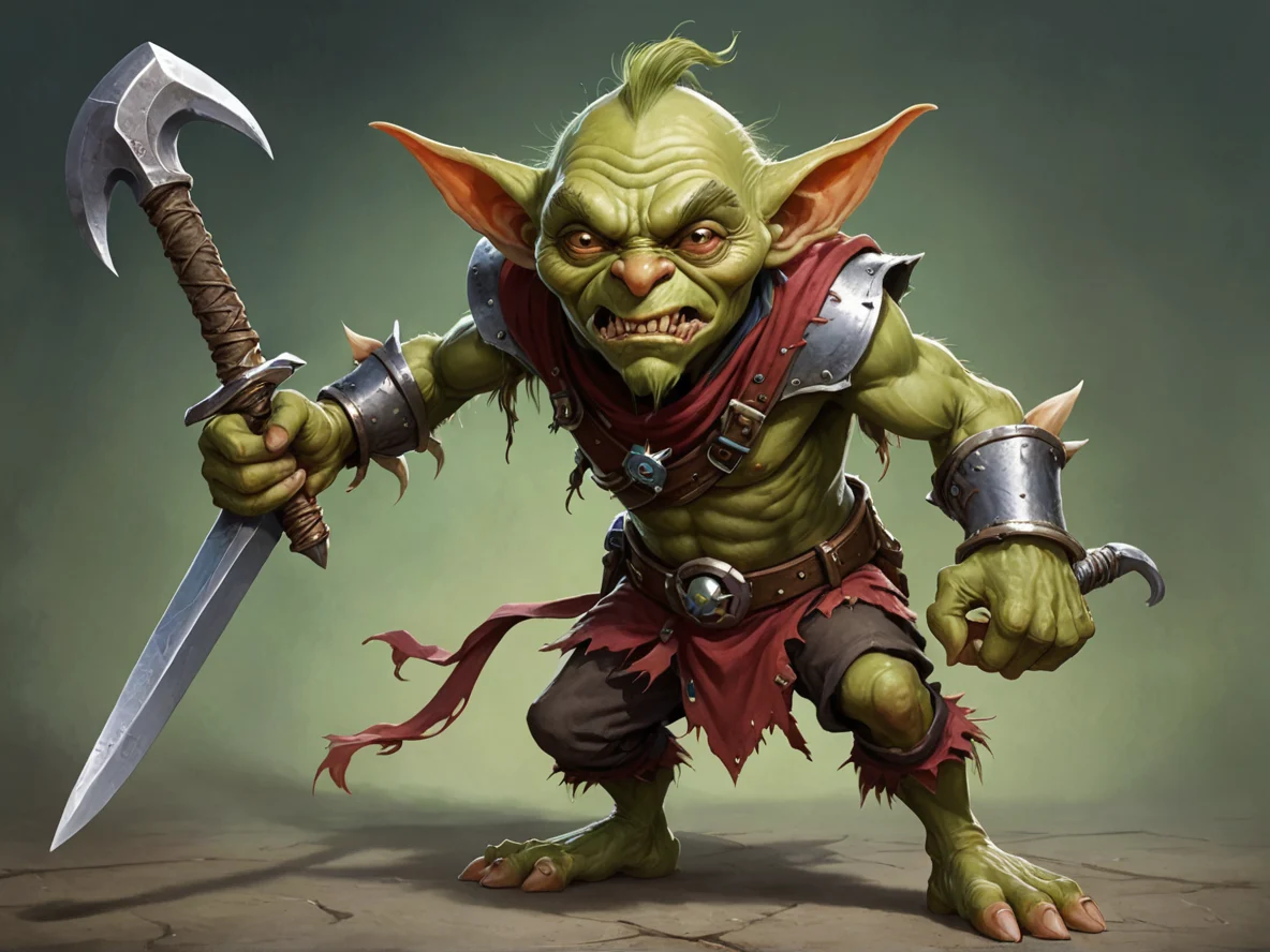 Battle-hardened (Goblin:1.1), Trickster, A scimitar that bends like a ribbon when swung, three-quarter view, weak