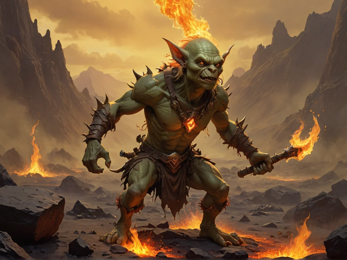Unyielding (Goblin:1.1), Hunter, In a volcanic crater, flames dancing around their figure, three-quarter view, golden mist, weak