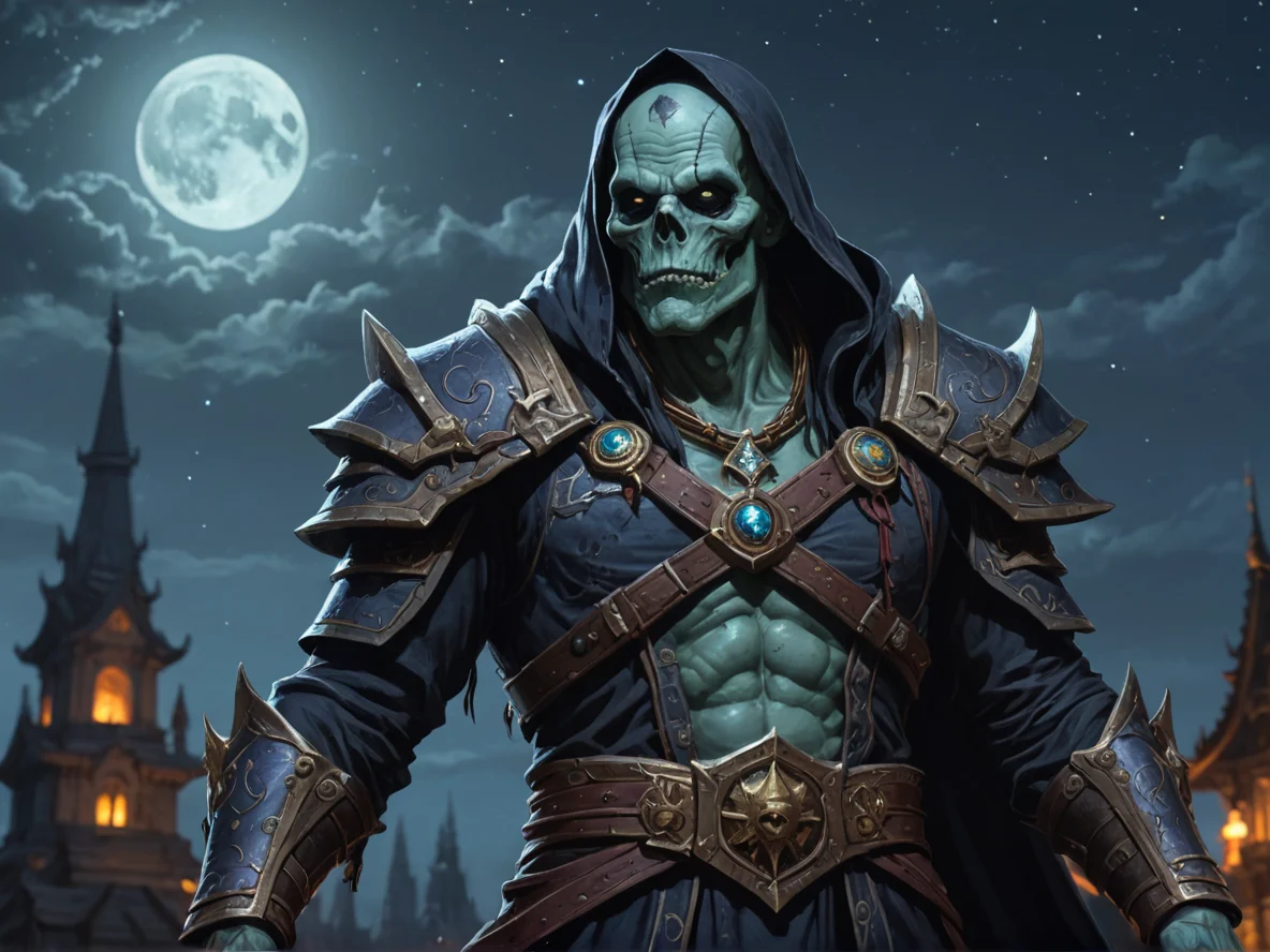 Tideborn (Undead:1.1), Gravekeeper, With a melancholic expression under a starlit sky, waist-up shot, sunken temple, weak