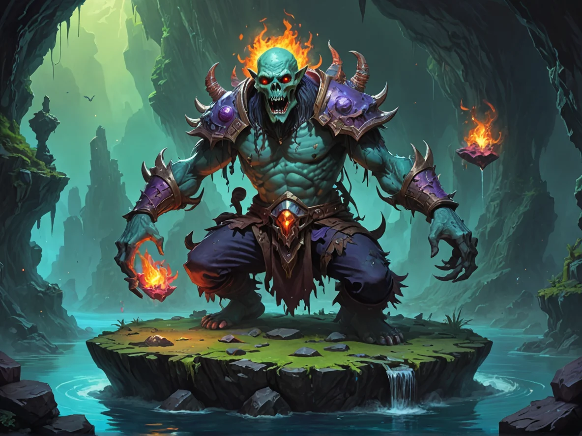 Hot-headed (Undead:1.1), Summoner, On a floating island, three-quarter view, deep cavern, weak