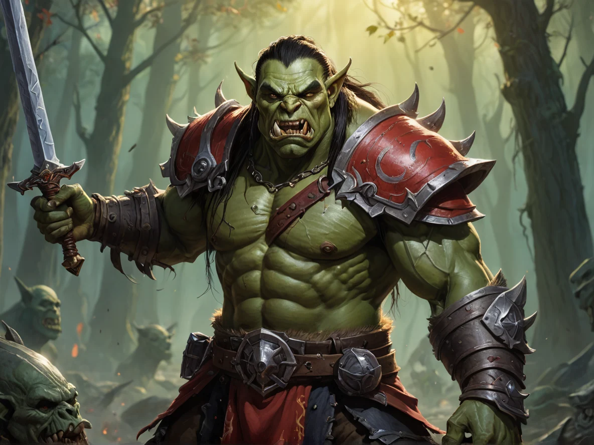 Dawnlit (Orc:1.1), Blood Mage, Sword that sings in the wind, waist-up shot, weak