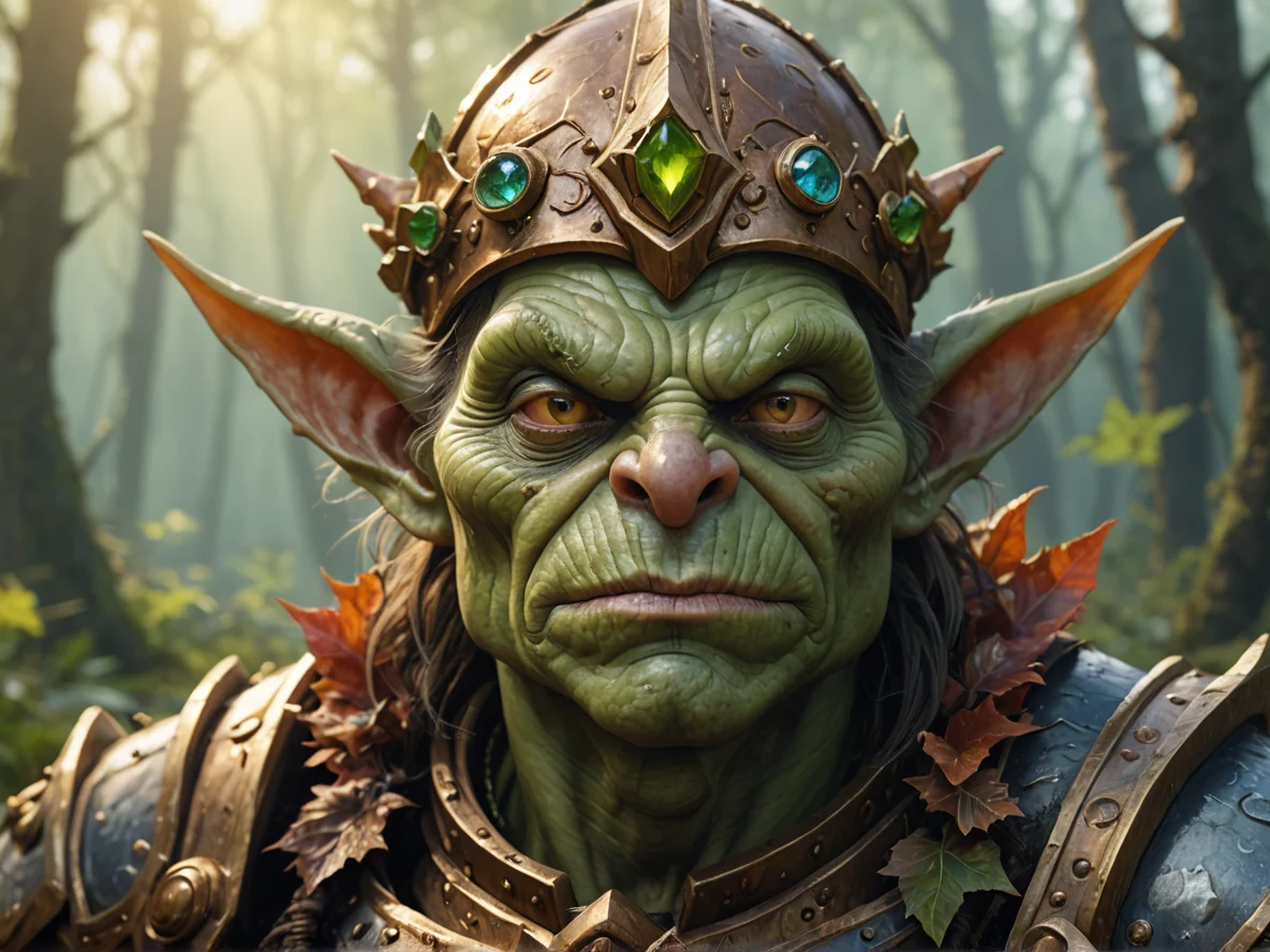 Stoic (Goblin:1.1), Artificer, A crown of polished copper leaves, close-up portrait, poisonous marsh, weak