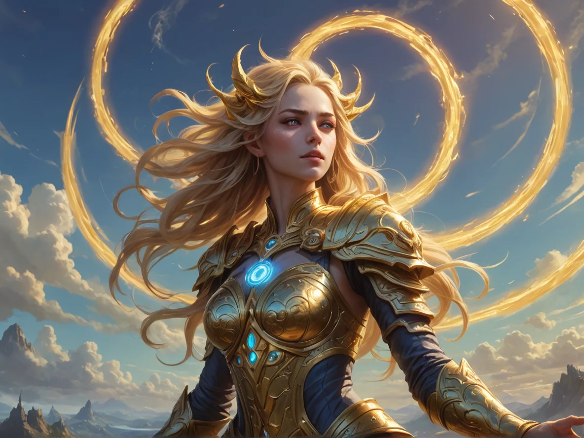Generous (Air Elemental:1.1), golden wind spirit, spinning rings, slender silhouette, Armor whispering ancient lullabies, close-up portrait, sky island, weak