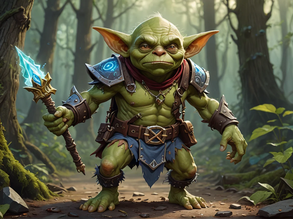 Thunder-marked (Goblin:1.1), Thief, A belt lined with tiny alchemical charms, full-body shot, enchanted forest, weak