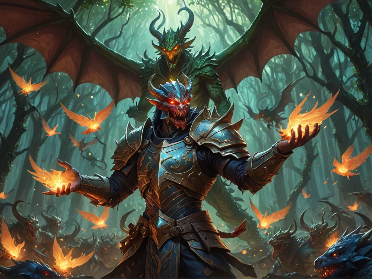 Oathbound (Demon:1.1), Dragon Knight, Releasing a flock of glowing birds from cupped hands, medium close-up, mangrove swamp, weak