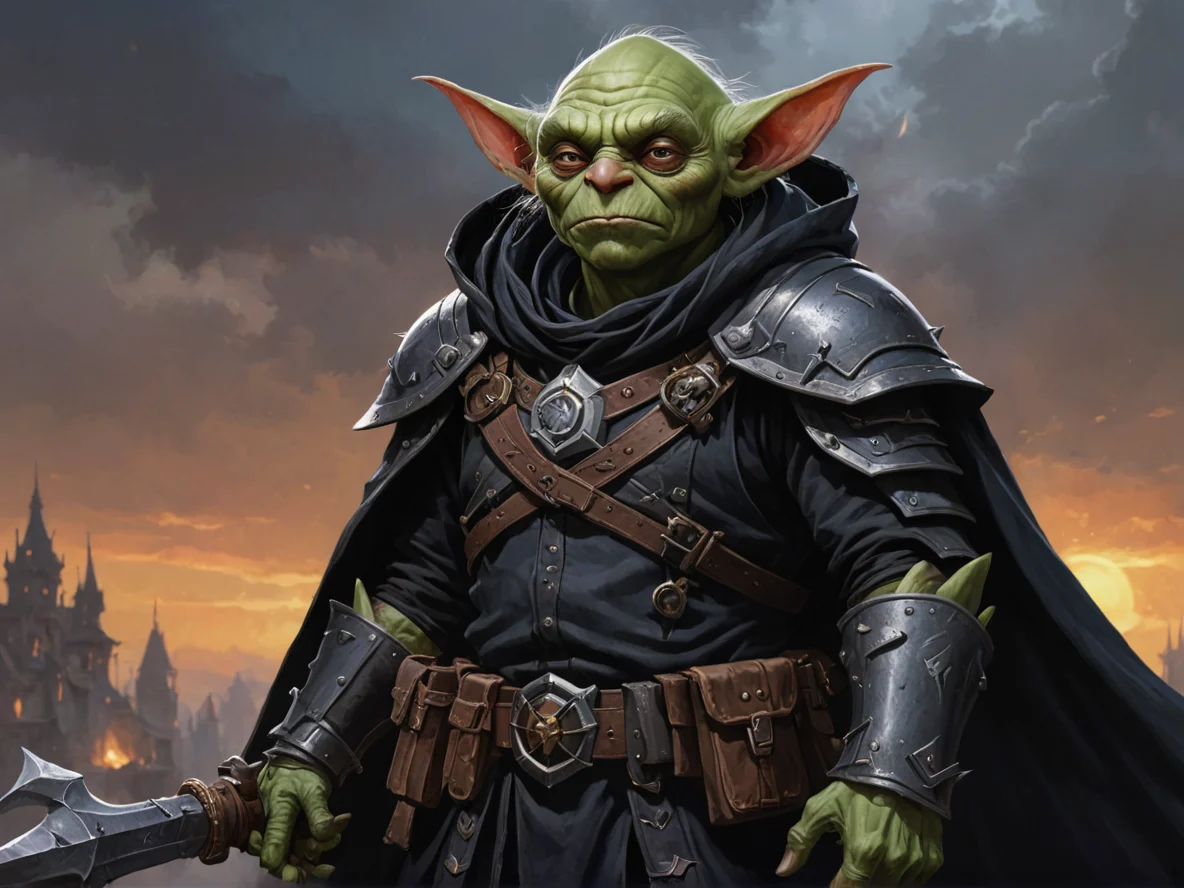 Tactical (Goblin:1.1), Artificer, Wears a black tattered cloak, waist-up shot, eclipse sky, weak