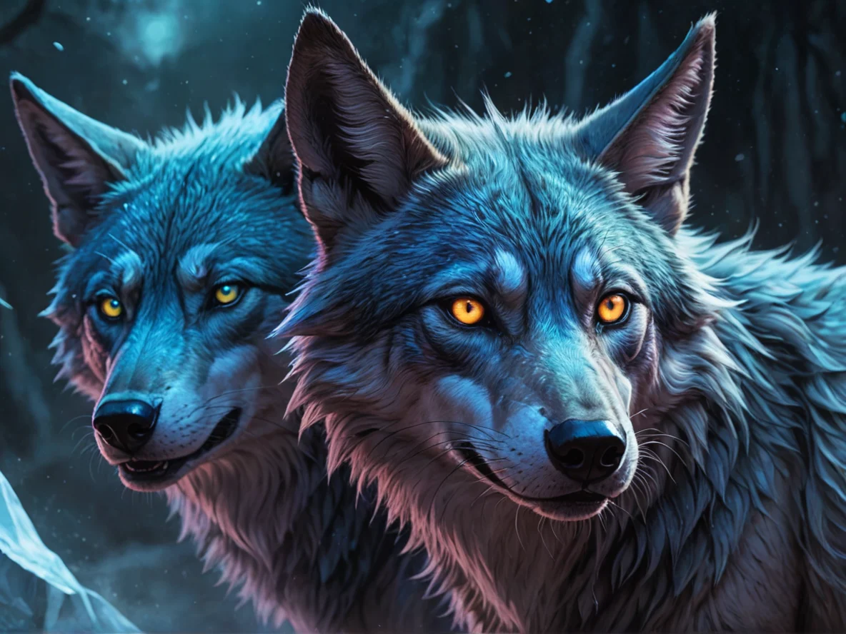 Cold-hearted (Jackal:1.1), Always accompanied by a spectral wolf, medium close-up, astral void, weak