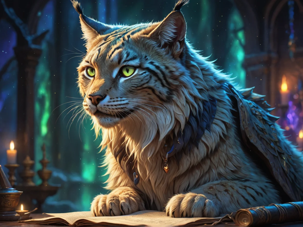 Strategic (Lynx:1.1), A mantle of layered parchment covered in spells, medium close-up, aurora night, weak