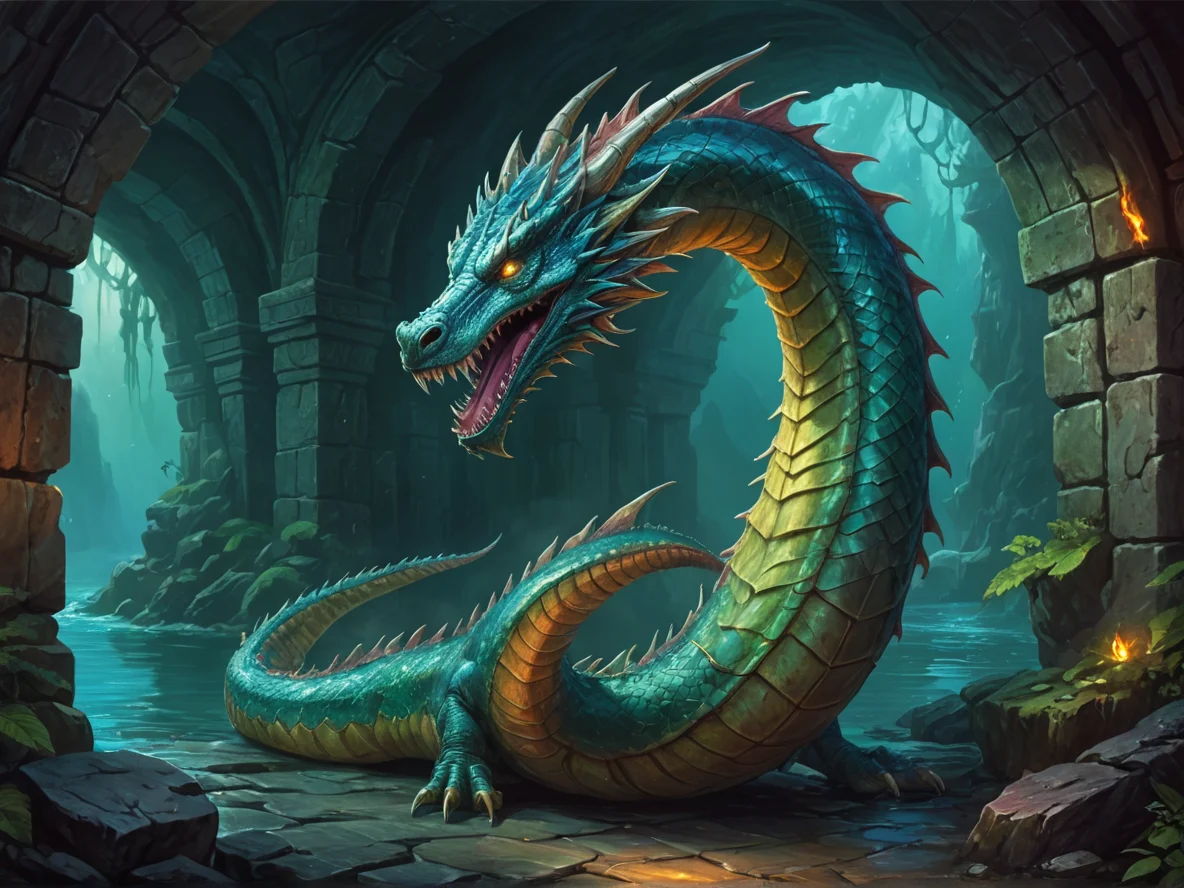 Mystical (Sea Serpent:1.1), At the entrance of a dragon’s lair, three-quarter view, weak
