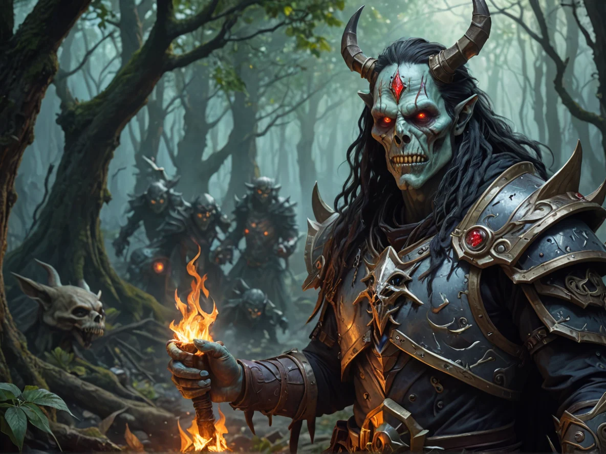 Flameforged (Undead:1.1), Occultist, In a dense forest, surrounded by mystical creatures, close-up portrait, ruined harbor, weak