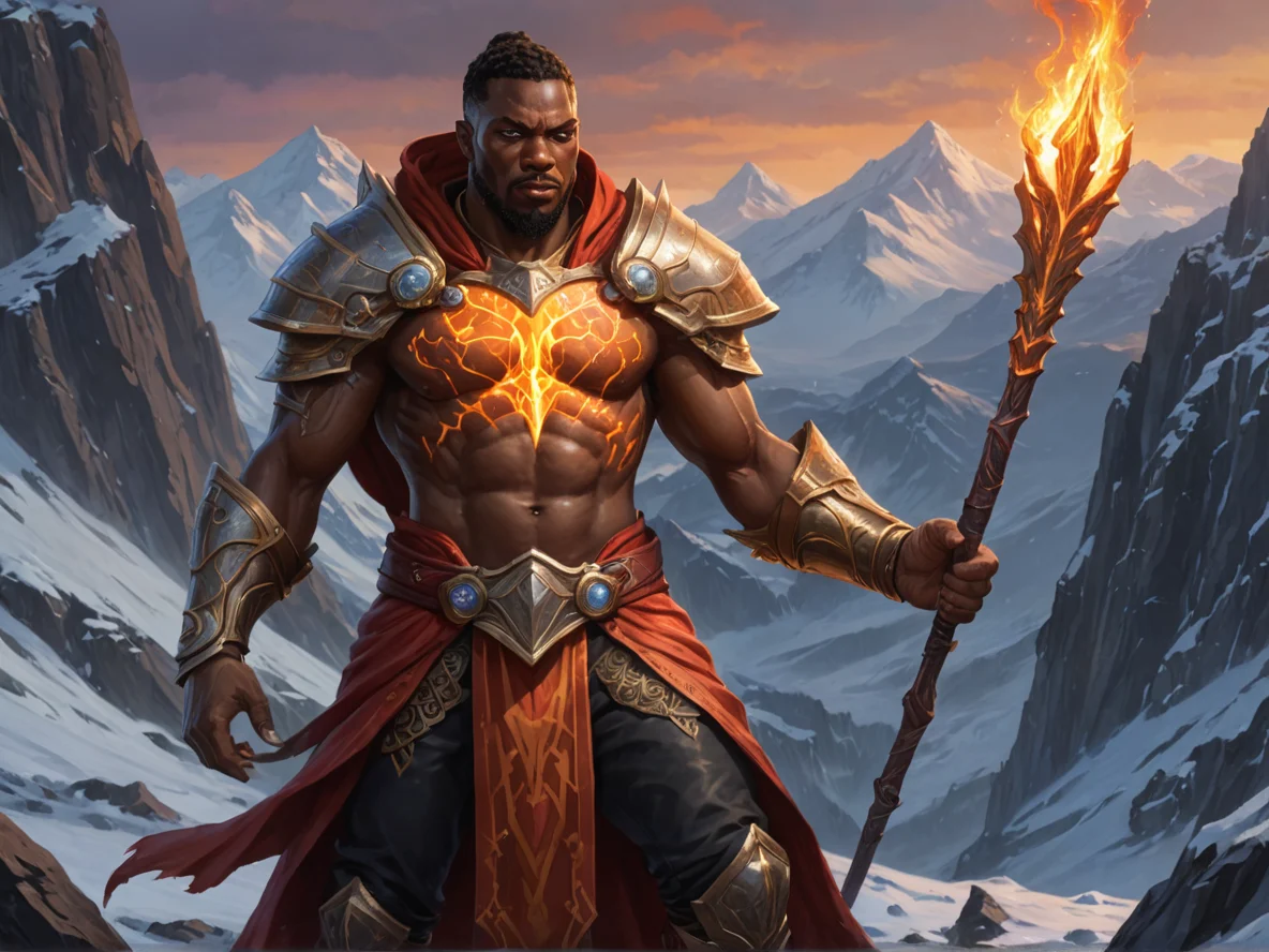 Resourceful Human male, African, Battlemage, Armor with glowing veins of magma, three-quarter view, winter mountain, weak