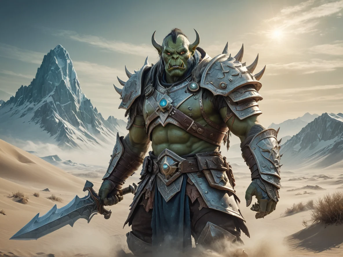 Ambitious (Orc:1.1), Dragon Knight, Surrounded by an icy mist aura, low angle shot, desert dunes, weak
