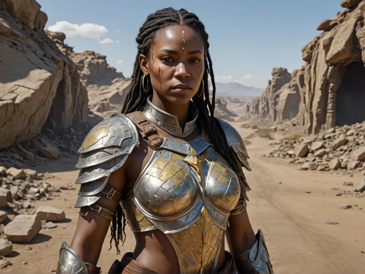 Scarred Human female, African, Battlemage, A breastplate etched with a map of forgotten realms, three-quarter view, ash wasteland, weak