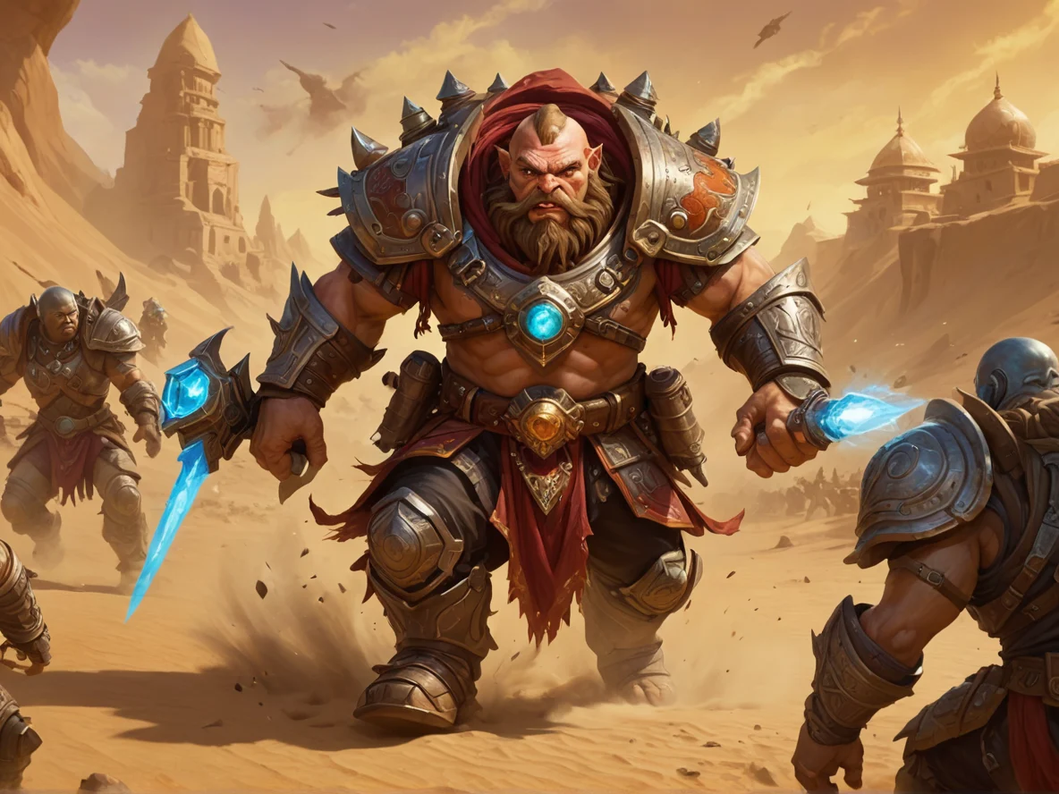Scarred (Dwarf:1.1), Hunter, Leading charge through desert sandstorm, full-body shot, crystal temple, weak