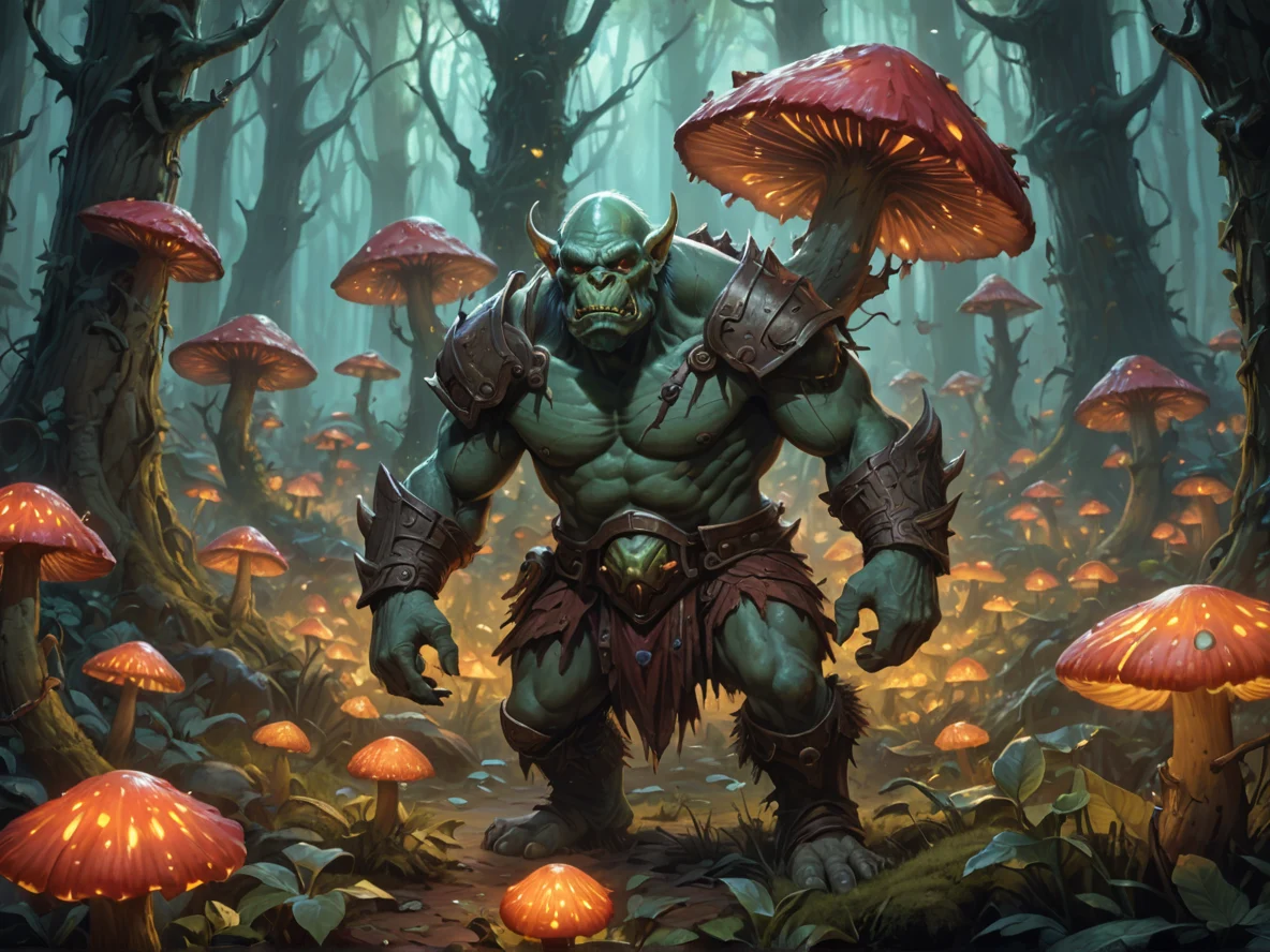Resilient (Orc:1.1), Spiritwalker, Inside a glowing mushroom grove, three-quarter view, sacred grove, weak