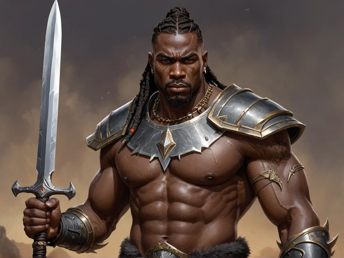Thornbound Human male, African, Warrior, Wields a serrated obsidian dagger, close-up portrait, weak