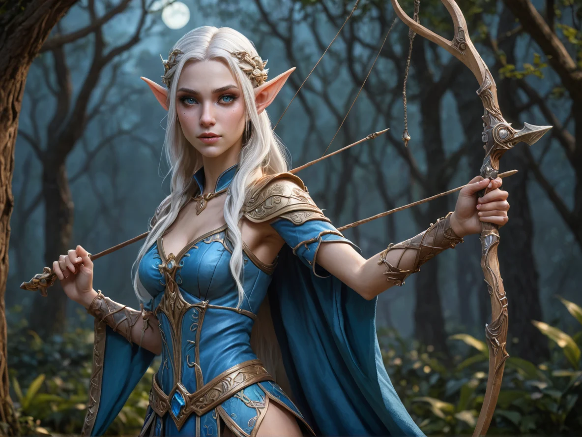 Dawnlit (Elf:1.1), Sorcerer, A bow carved from pale wood and strung with moonlight, three-quarter view, royal garden, weak