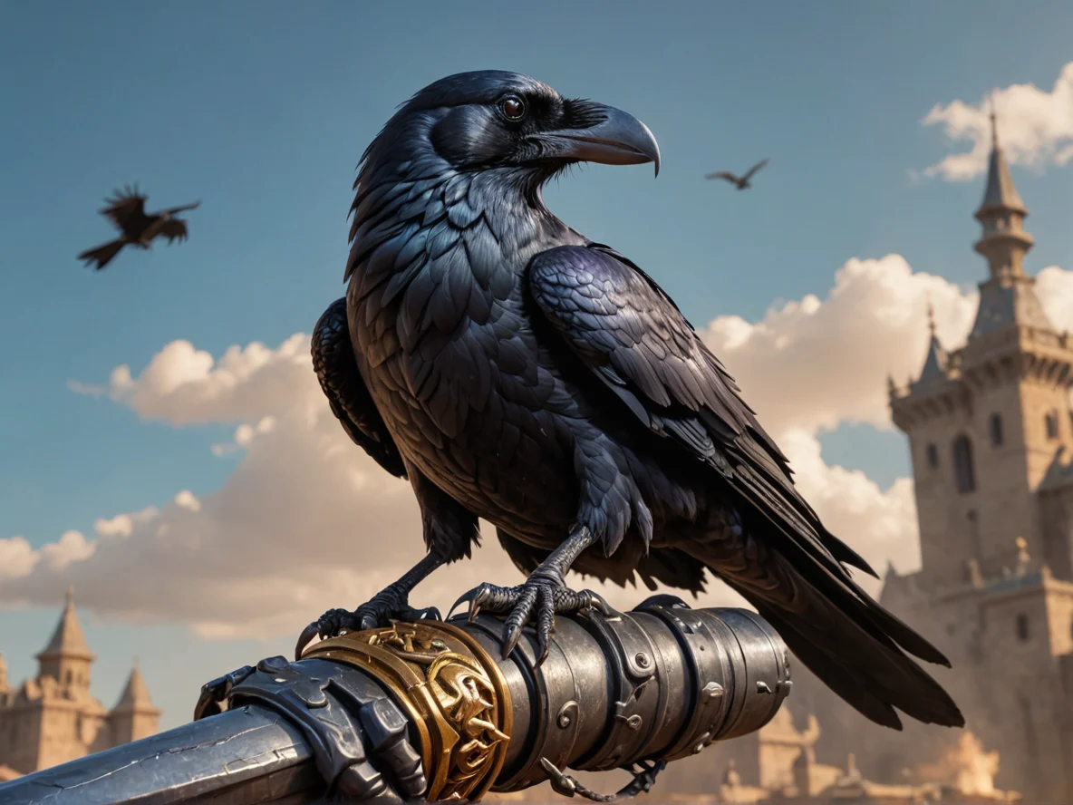 Tactical (Scorpion:1.1), A raven familiar perched on the forearm, medium close-up, sky fortress, weak