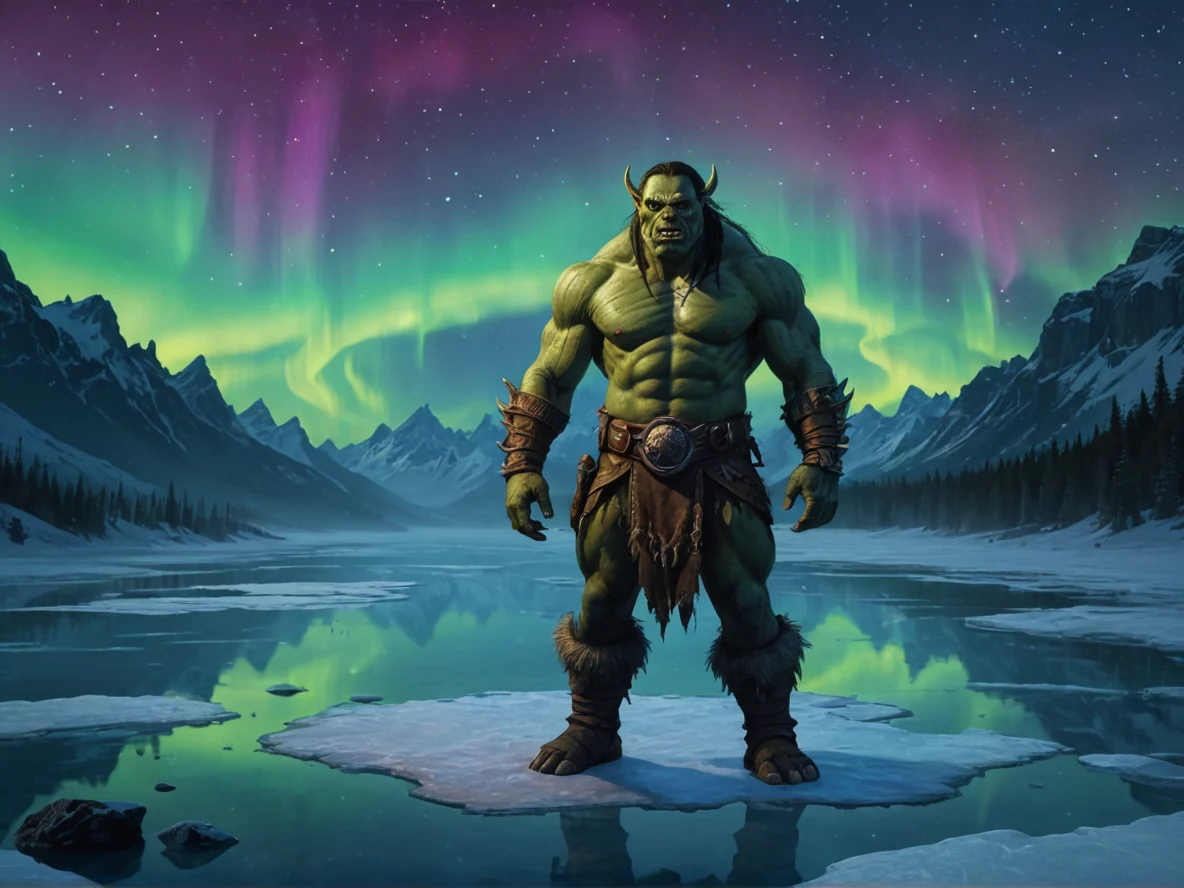 Stealthy (Orc:1.1), Beastmaster, Standing on frozen lake under auroras, full-body shot, moonlit lake, weak