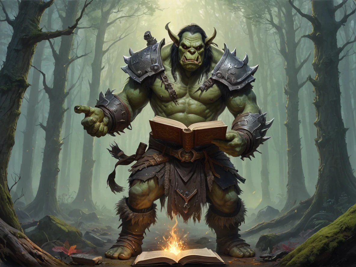 Ancient (Orc:1.1), Myrmidon, Opening a spellbook as pages whirl overhead, full-body shot, misty forest, weak