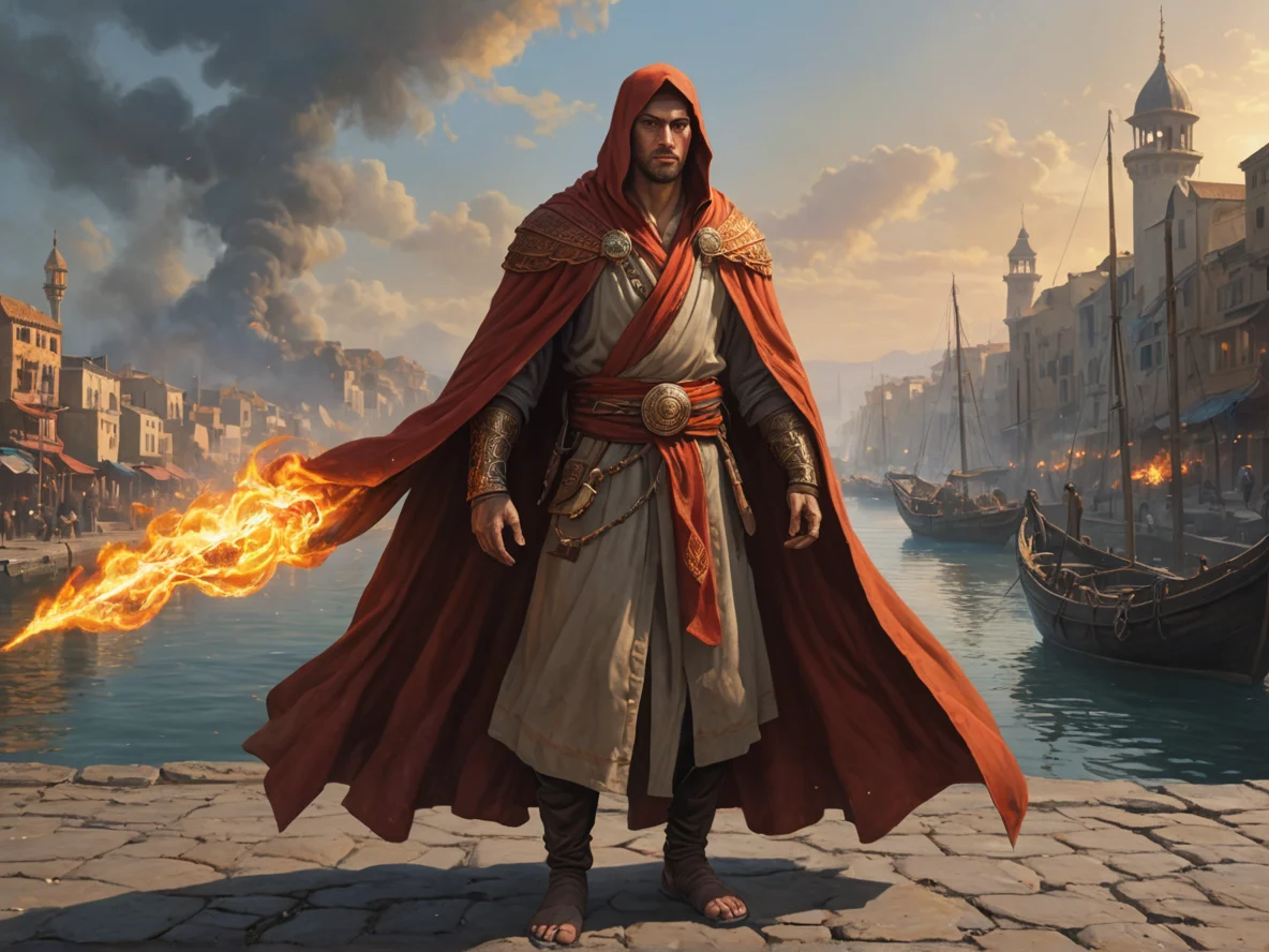Hot-headed Human male, Middle Eastern, Monk, Wears a cloak that flickers like fire, full-body shot, ruined harbor, weak