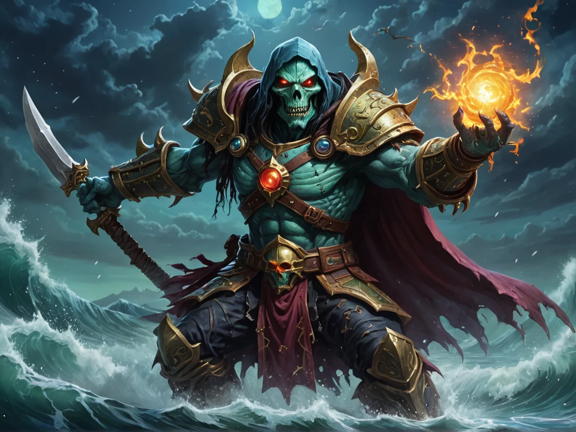 Grim (Undead:1.1), Doom Herald, Bracing against a wave of magical force, medium close-up, night sky, weak
