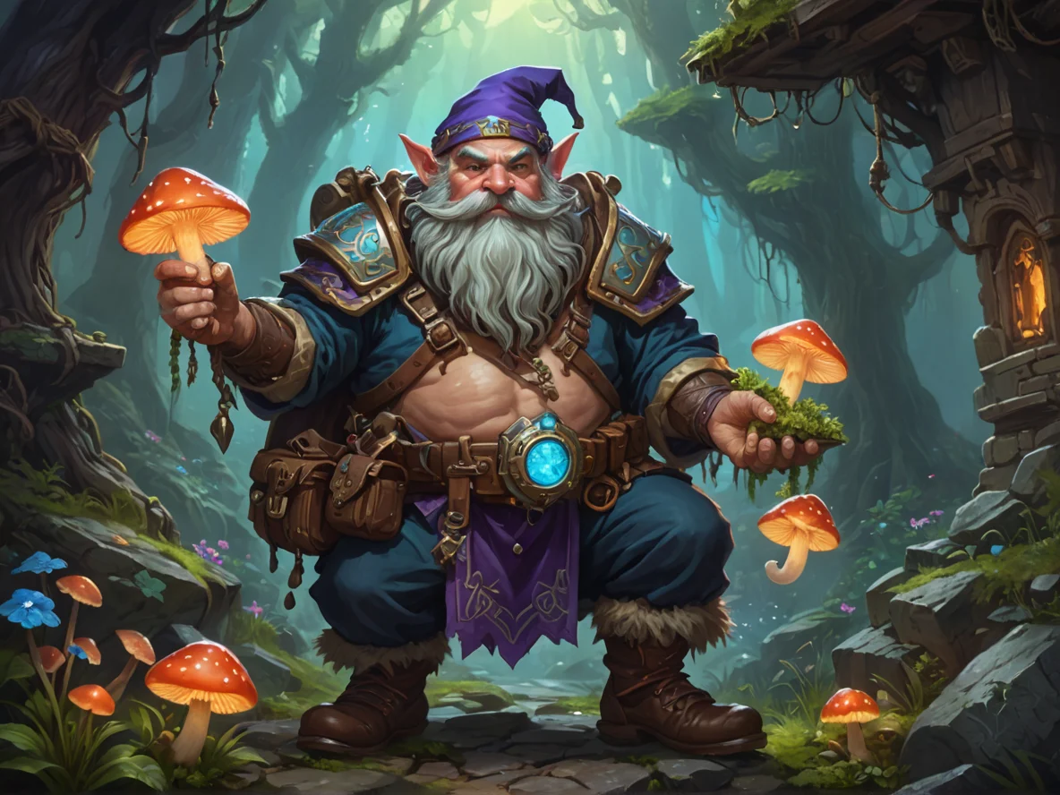 Eldritch (Dwarf:1.1), Artificer, A satchel filled with glowing mushrooms and herbs, three-quarter view, mountain shrine, weak