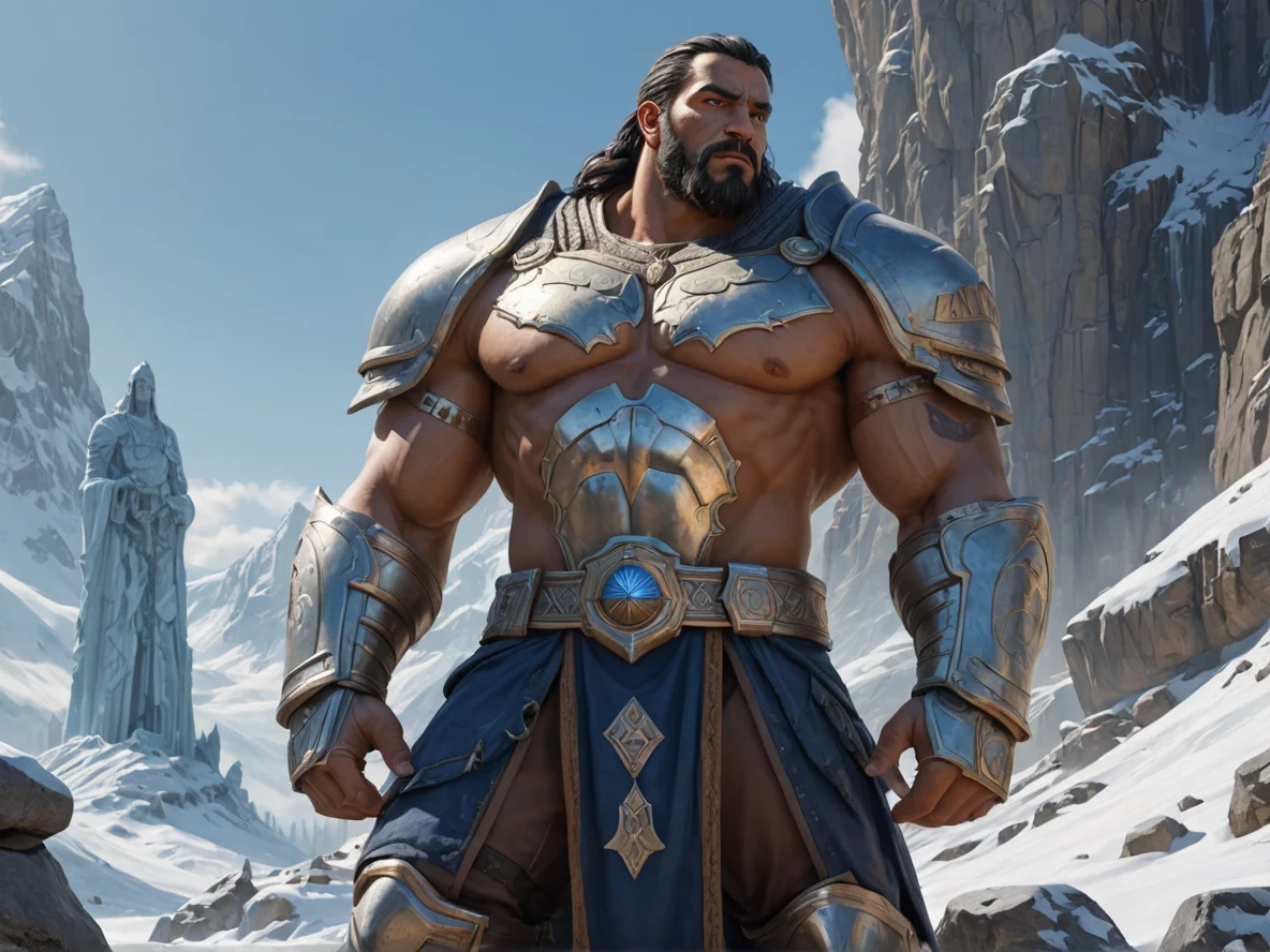 Tactical Human male, South Asian, Paladin, At the base of a towering statue, lost in thought, dynamic angle, icy valley, weak