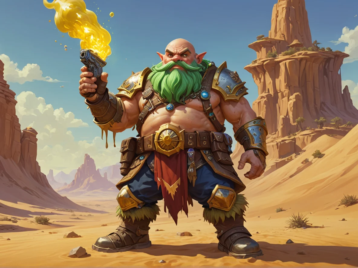 Pessimistic (Dwarf:1.1), Gunslinger, Floating slime companion nearby, low angle shot, golden desert, weak