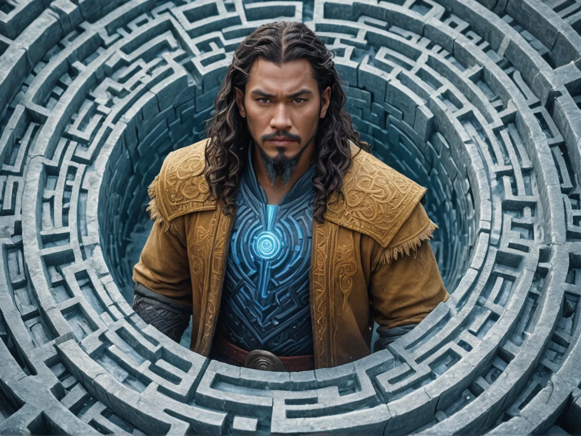 Quick-witted Human male, Pacific Islander, Wizard, At the center of a maze made from frozen waves, close-up portrait, weak