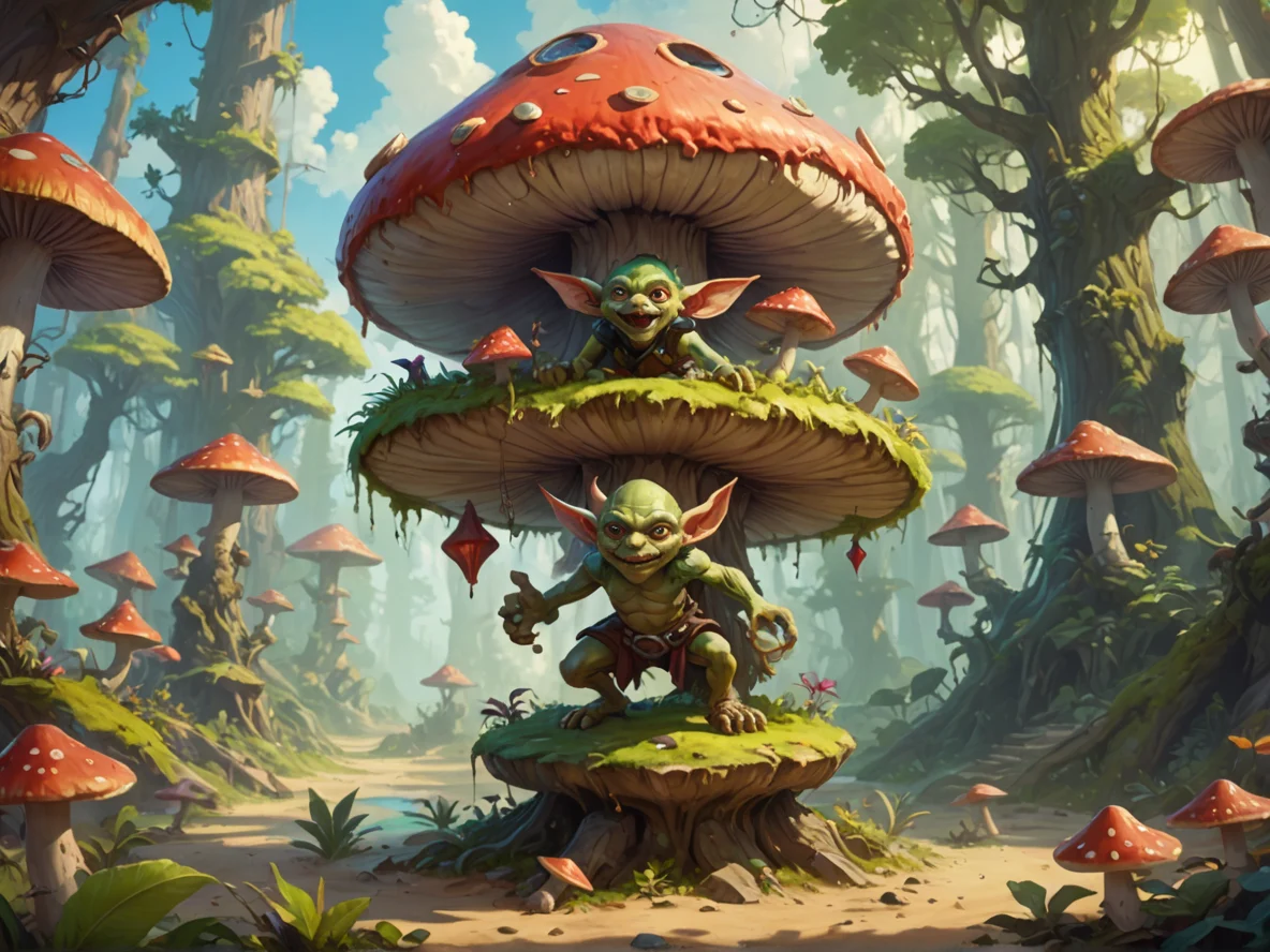 Optimistic (Goblin:1.1), Summoner, Atop a giant mushroom in a fairy forest, dynamic angle, sandy beach, weak
