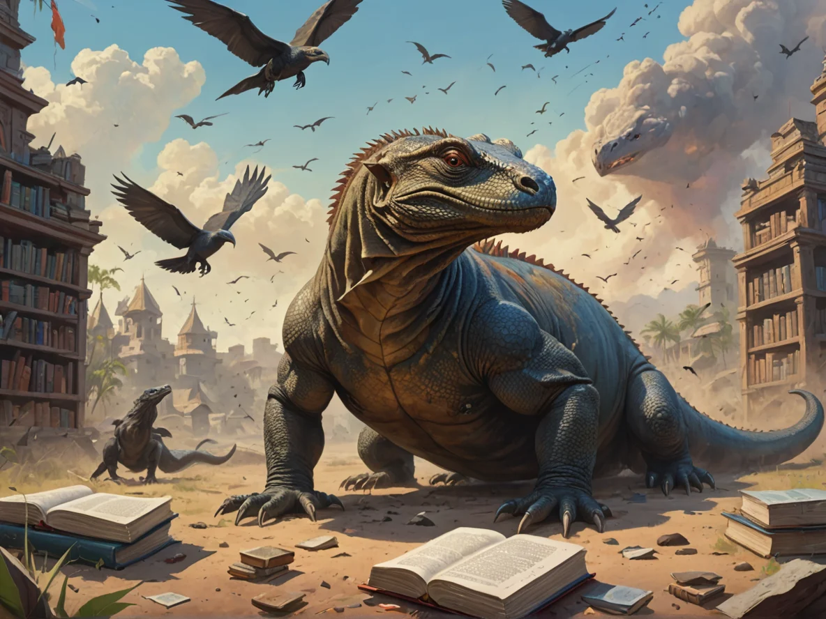 Thornbound (Komodo Dragon:1.1), At the edge of a battlefield, crows circling overhead, three-quarter view, floating library, weak