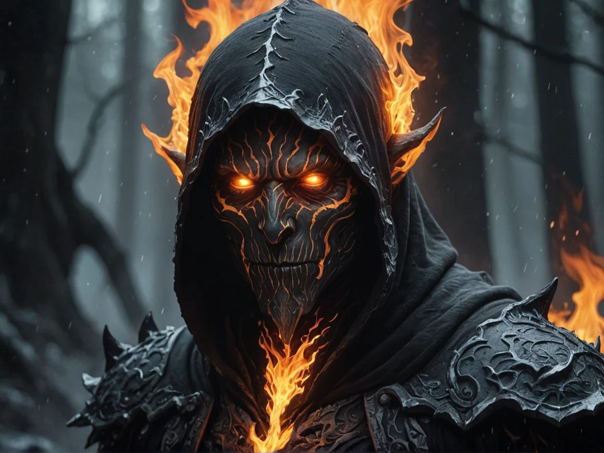 Gloomy (Fire Elemental:1.1), smoldering coal body, ash veil, delicate silhouette, A hood edged with slowly melting icicles, close-up portrait, weak