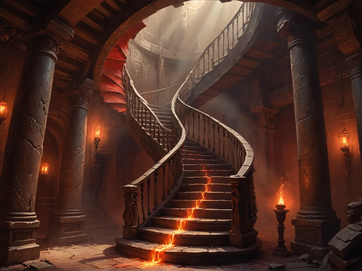 Scarred (Dwarf:1.1), Gunslinger, A spiral staircase of light appearing beneath each step, dynamic angle, red fog, weak