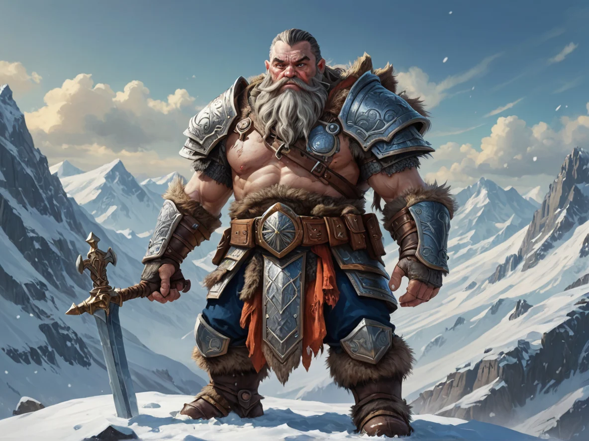Fierce (Dwarf:1.1), Knight, Standing on a snowy mountaintop, surrounded by cold winds, waist-up shot, weak