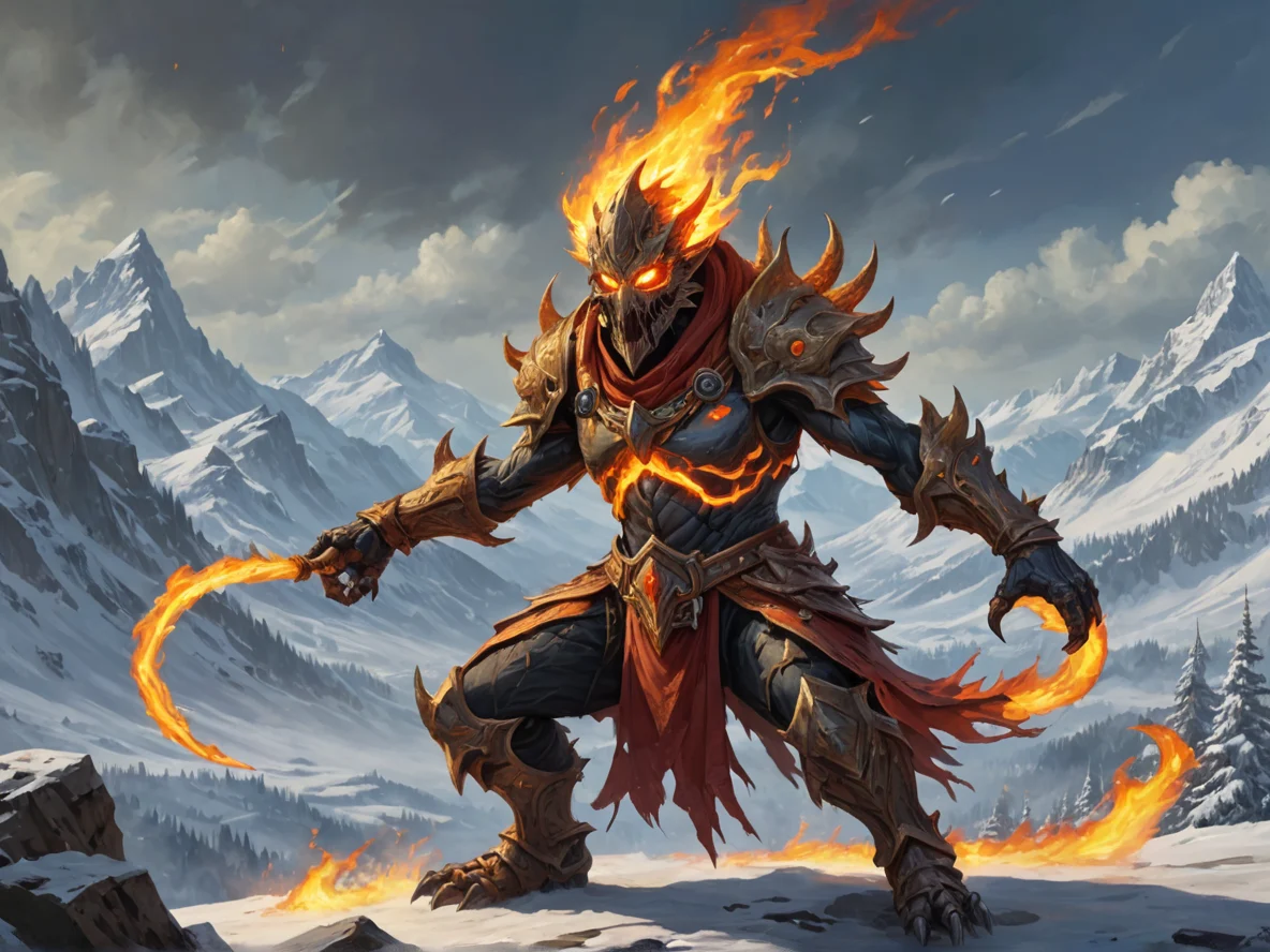 Swift (Fire Elemental:1.1), spiraling fire body, ember halo, ribbon limbs, A plague mask cracked and rusted, three-quarter view, winter mountain, weak