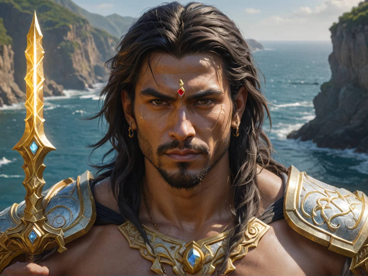 Gold-veined Human male, South Asian, Summoner, A thread of silver light linking heart and weapon, close-up portrait, rocky coast, weak