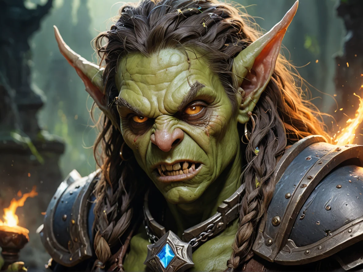 Graveborn (Goblin:1.1), Spellbreaker, Hair braided with sparks that never extinguish, close-up portrait, weak