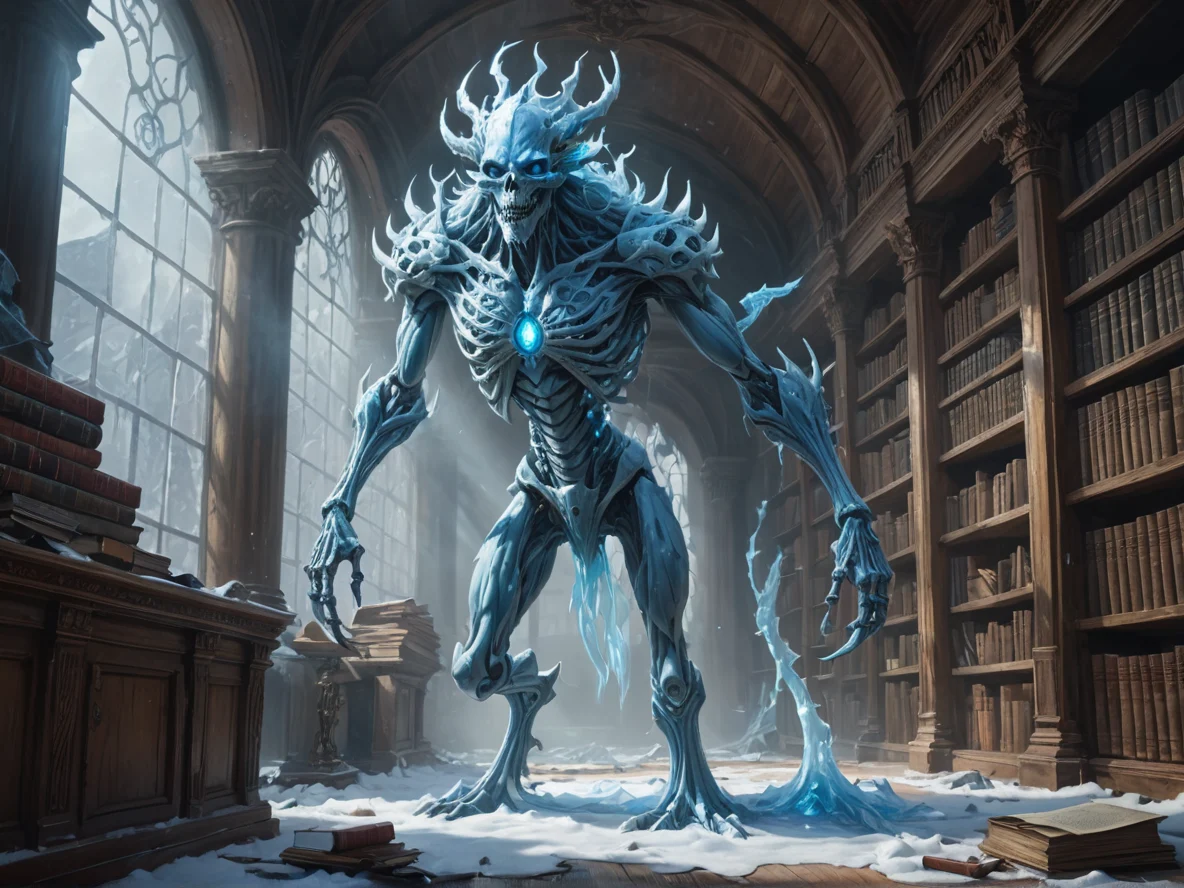 Crystal-eyed (Air Elemental:1.1), skeletal blue currents, pressure rings, elongated limbs, Holding an open scroll in an abandoned library, low angle shot, frozen tundra, weak