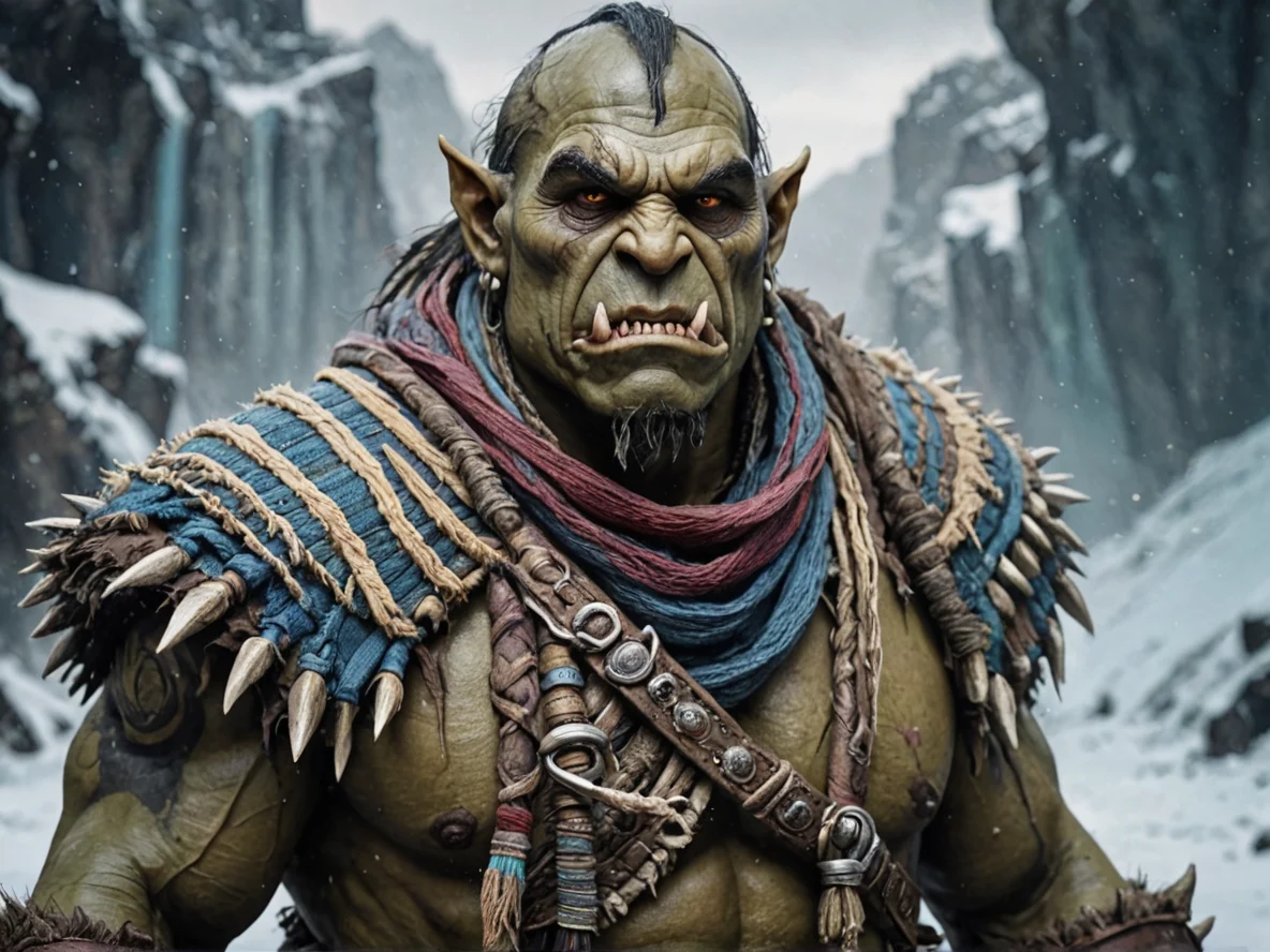 Ancient (Orc:1.1), Barbarian, A scarf woven from strips of old battle standards, medium close-up, ice canyon, weak