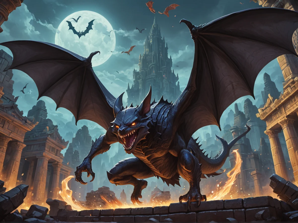 Quick-witted (Giant Bat:1.1), Battling serpent in ancient ruins, low angle shot, crystal temple, weak