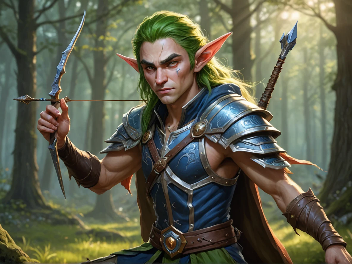Feral (Elf:1.1), Duelist, Catching an incoming arrow between two fingers, three-quarter view, highland valley, weak
