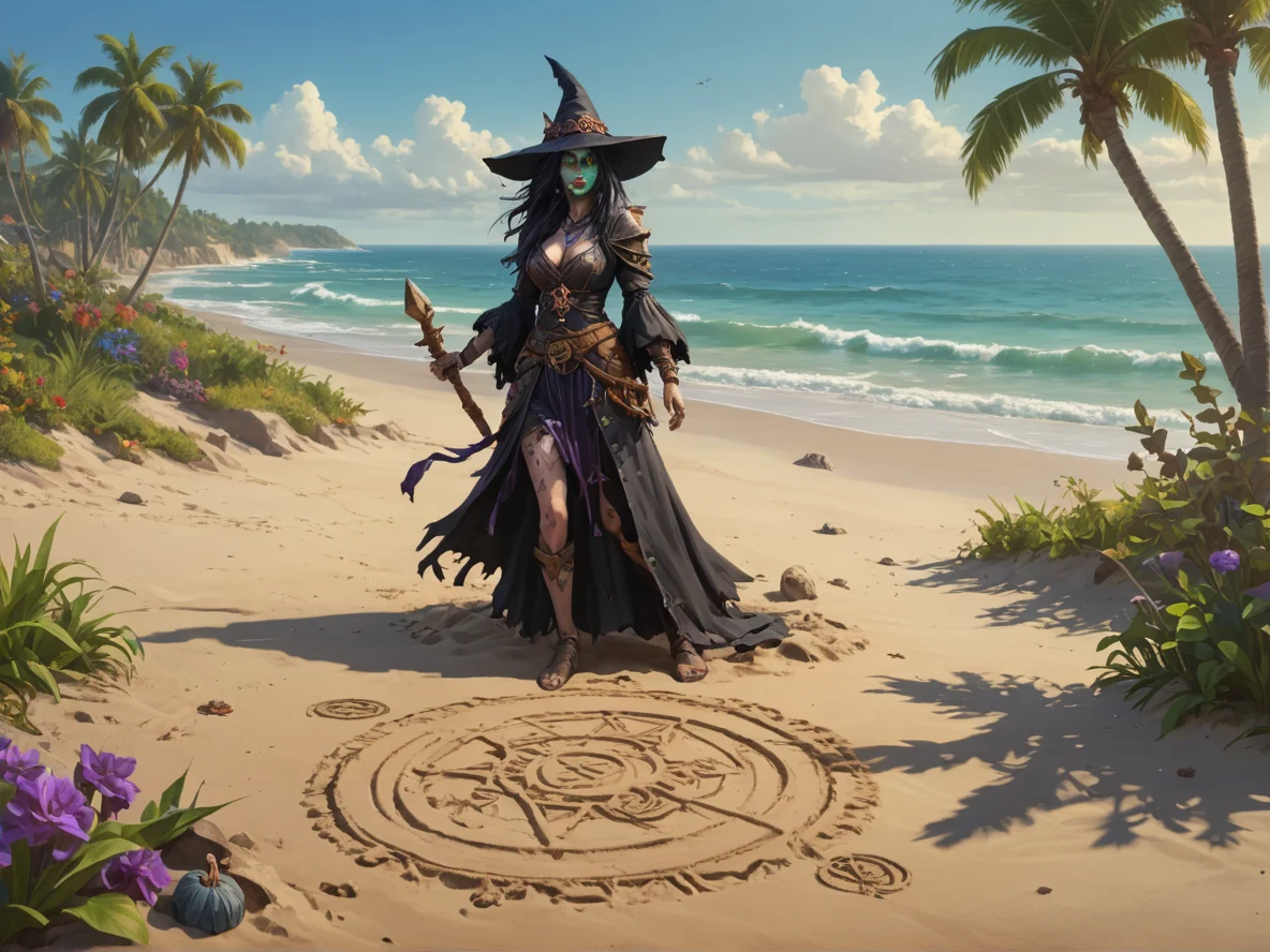 Tactical (Undead:1.1), Witch, On a deserted island, drawing symbols in the sand, three-quarter view, magical garden, weak