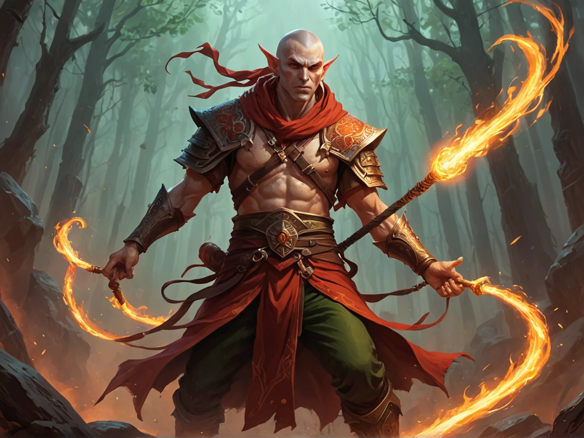Thornbound (Elf:1.1), Monk, Flaming whip brandished, dynamic angle, red fog, weak