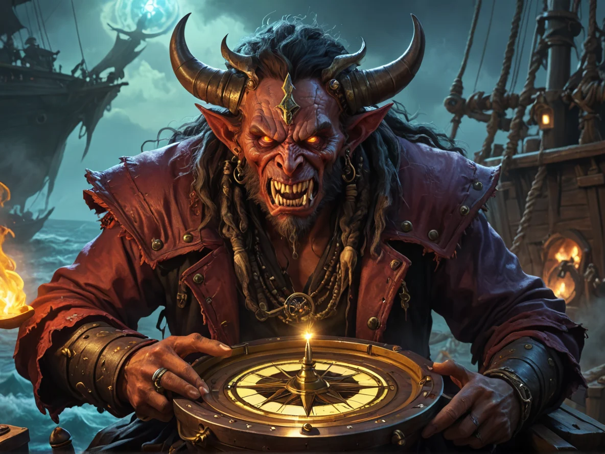 Hot-headed (Demon:1.1), Hexblade, Aboard a pirate ship, holding a glowing compass, close-up portrait, windy plateau, weak