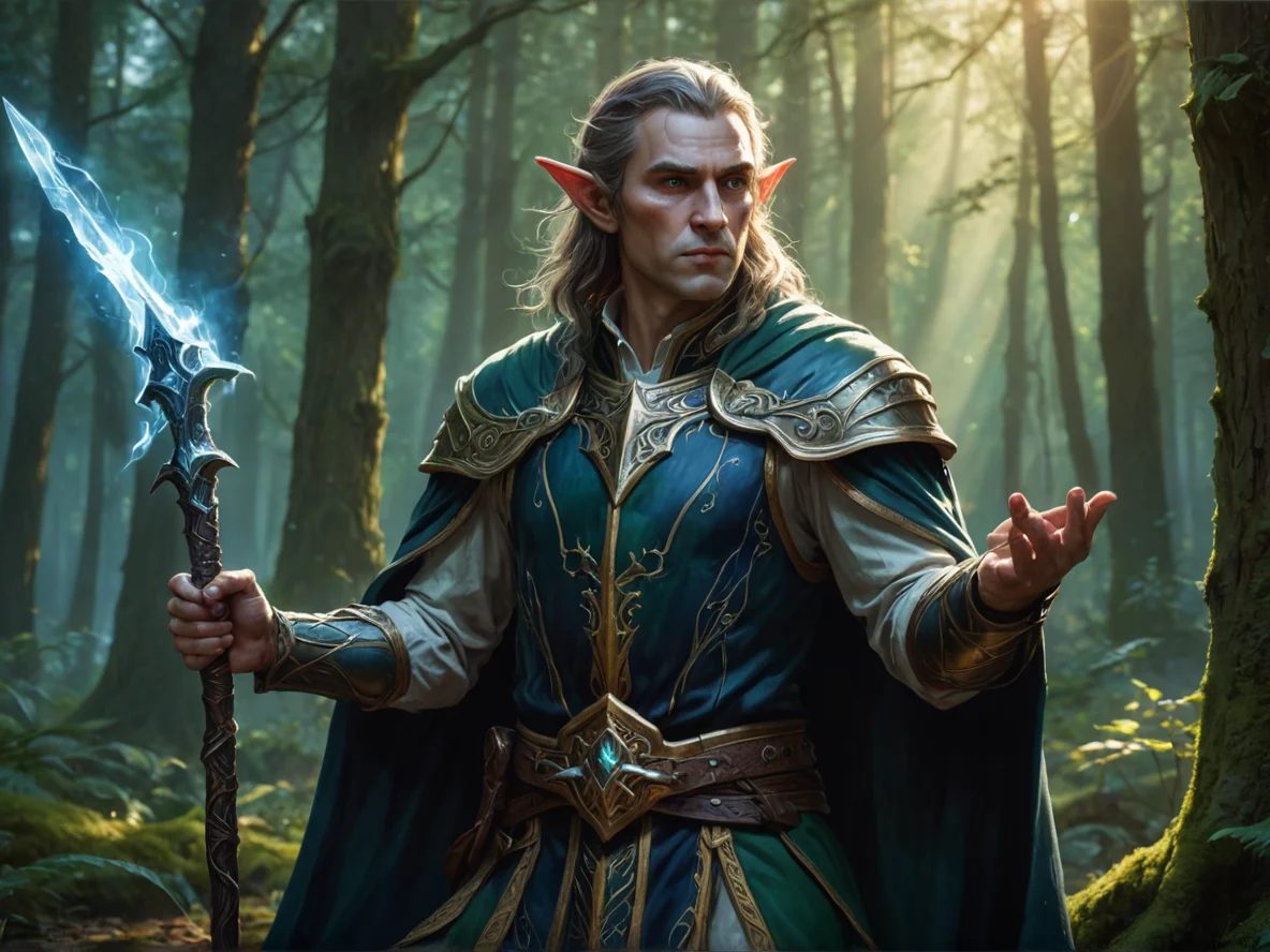 Noble (Elf:1.1), Sorcerer, Wields a sword of shadow that absorbs light, medium close-up, ancient forest, weak