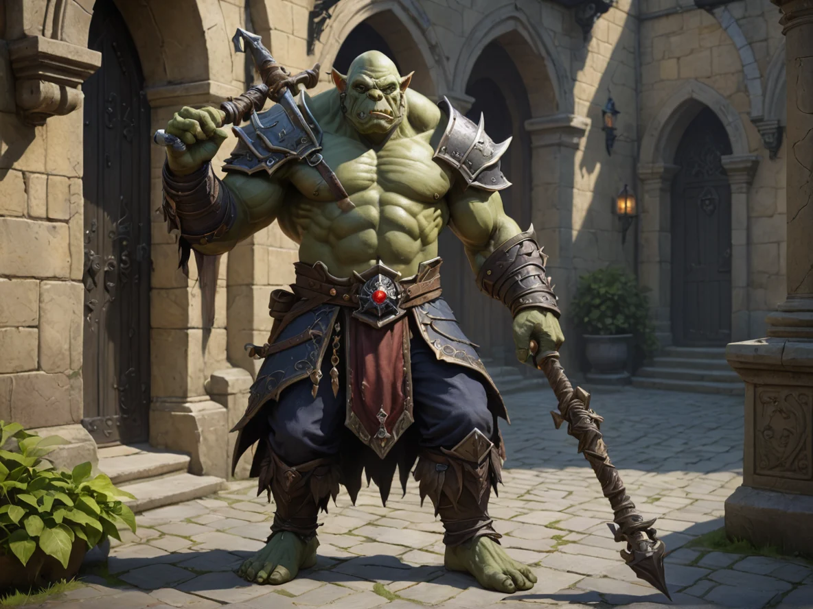 Noble (Orc:1.1), Spellbreaker, A staff shaped like a twisted key, full-body shot, gothic courtyard, weak