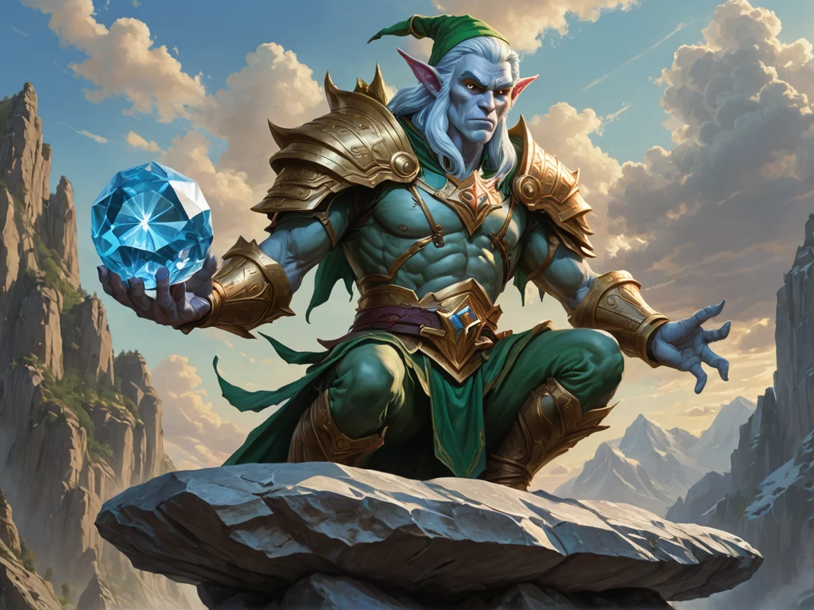 Wise (Elf:1.1), Duelist, Atop a colossal stone statue, three-quarter view, crystal lake, weak