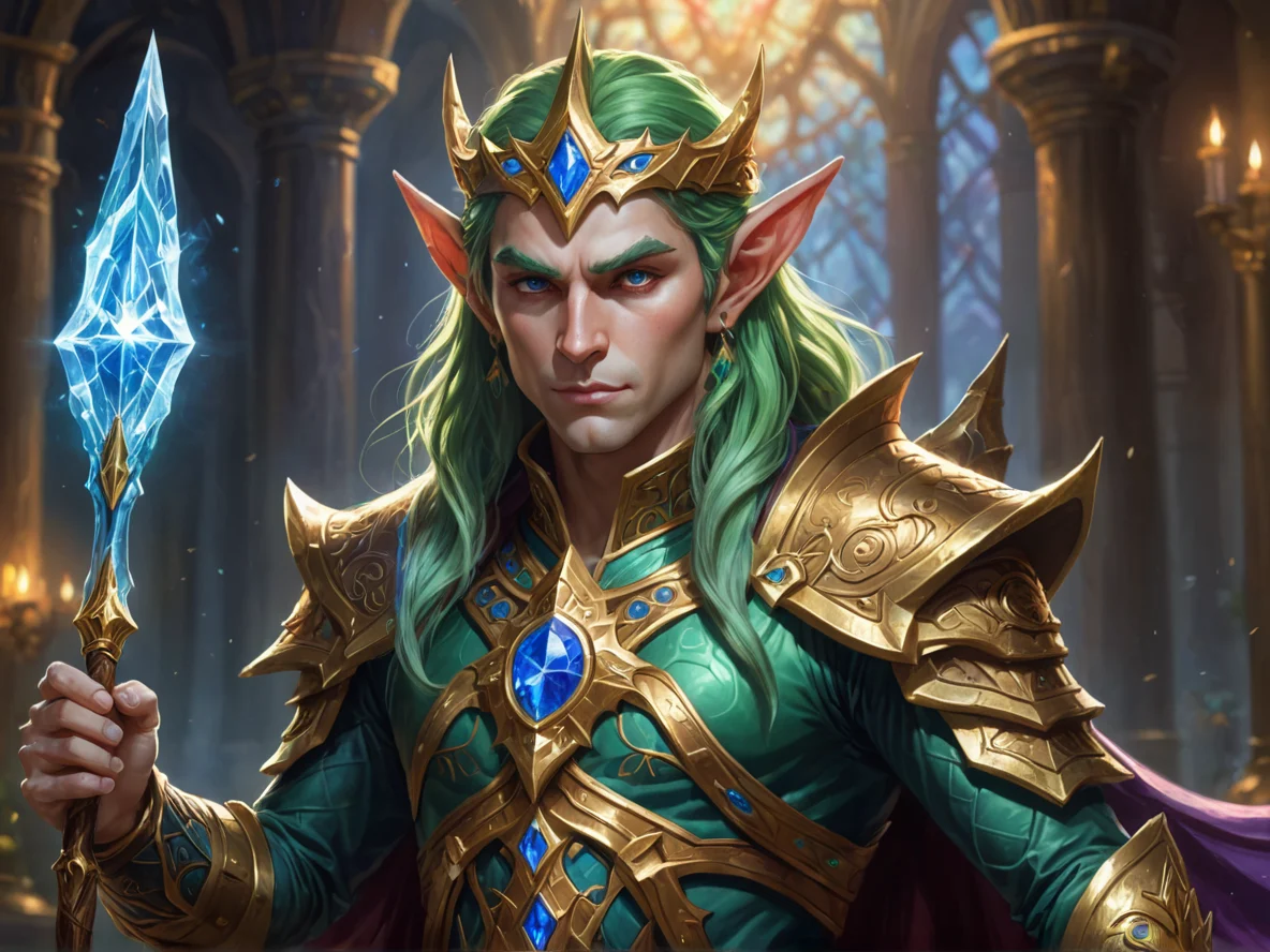 Arrogant (Elf:1.1), Spellblade, A staff crowned by three rotating elemental crystals, medium close-up, grand ballroom, weak