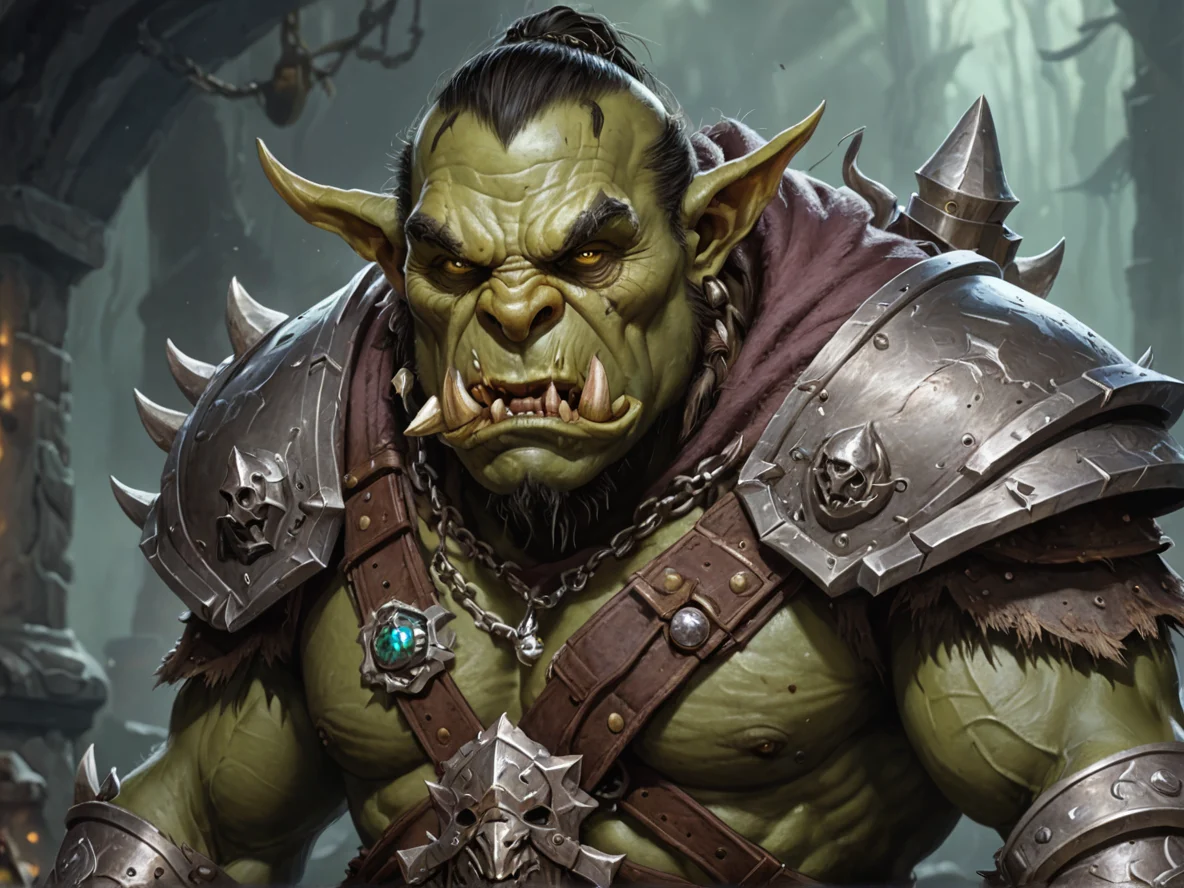 Steel-minded (Orc:1.1), Spellbreaker, Trophies of bone hanging from the belt, close-up portrait, weak